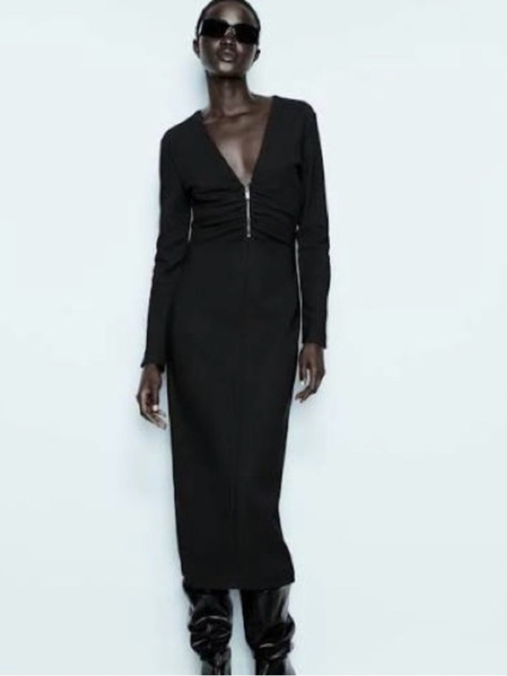 Zara Zip Front Gathered Midi Dress